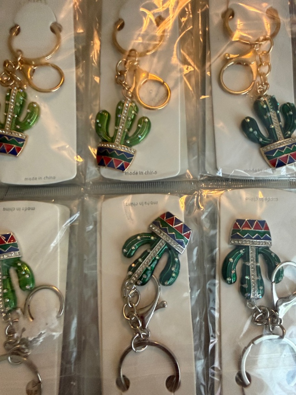 Cactus Keychains with Colorful Pots Set in Gold and Silver Ton